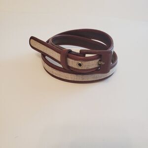 Vintage Liz Claiborne Women's Belt Medium Brown Leather Buckle and Beige Linen